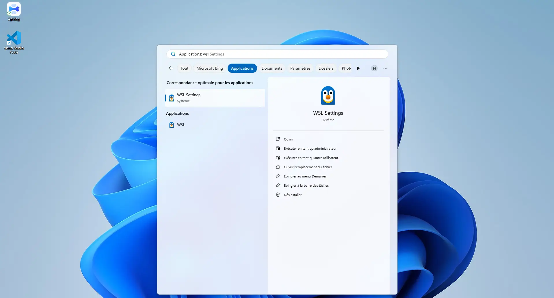 Recherche 'wsl settings' dans le menu Démarrer Windows 11
