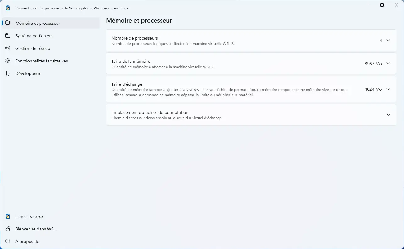 WSL Settings, section Mémoire et processeur sous Windows 11